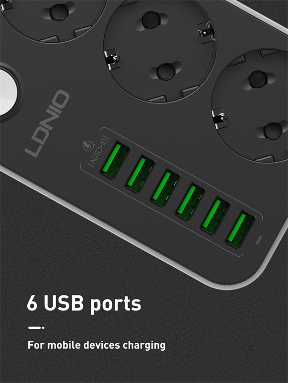 Regleta multiplicador 3 enchufes + 6 puertos USB Ldnio SE3631