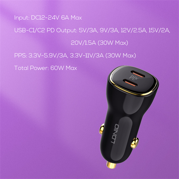 60W Dual PD Super Fast Car charger C104